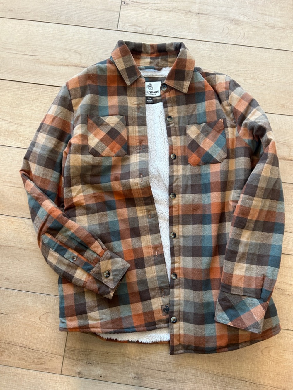 Legendary Whitetails women's Sherpa-Lined Plaid Shirt Jacket - Brown/Orange/Blue